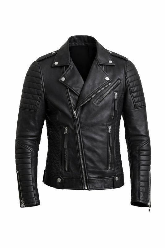 M080 Slim fit Men's Motorcycle Bomber Biker Quilted Black Real Leather Jacket