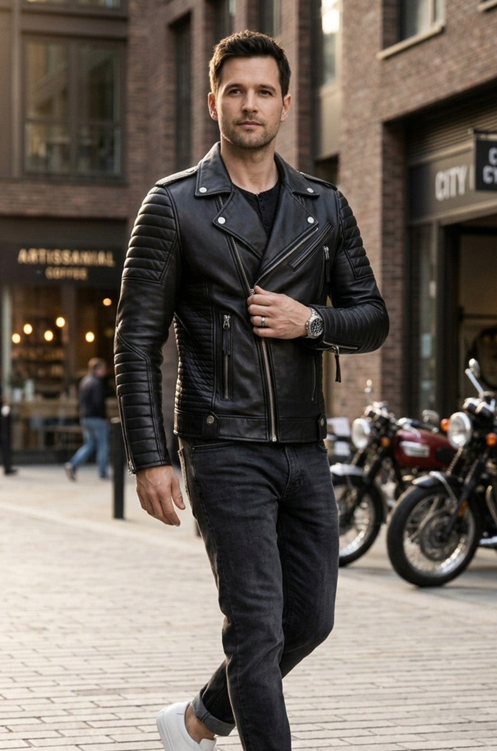 M080 Slim fit Men's Motorcycle Bomber Biker Quilted Black Real Leather Jacket
