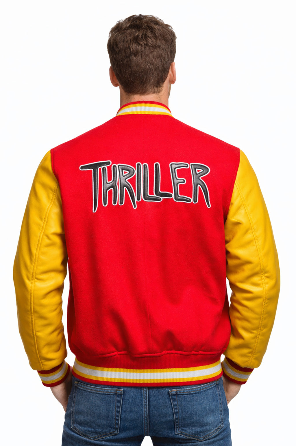 MCJ06 Michael Jackson Thriller M Logo Varsity Summer Wear Real Wool Jacket For Men's