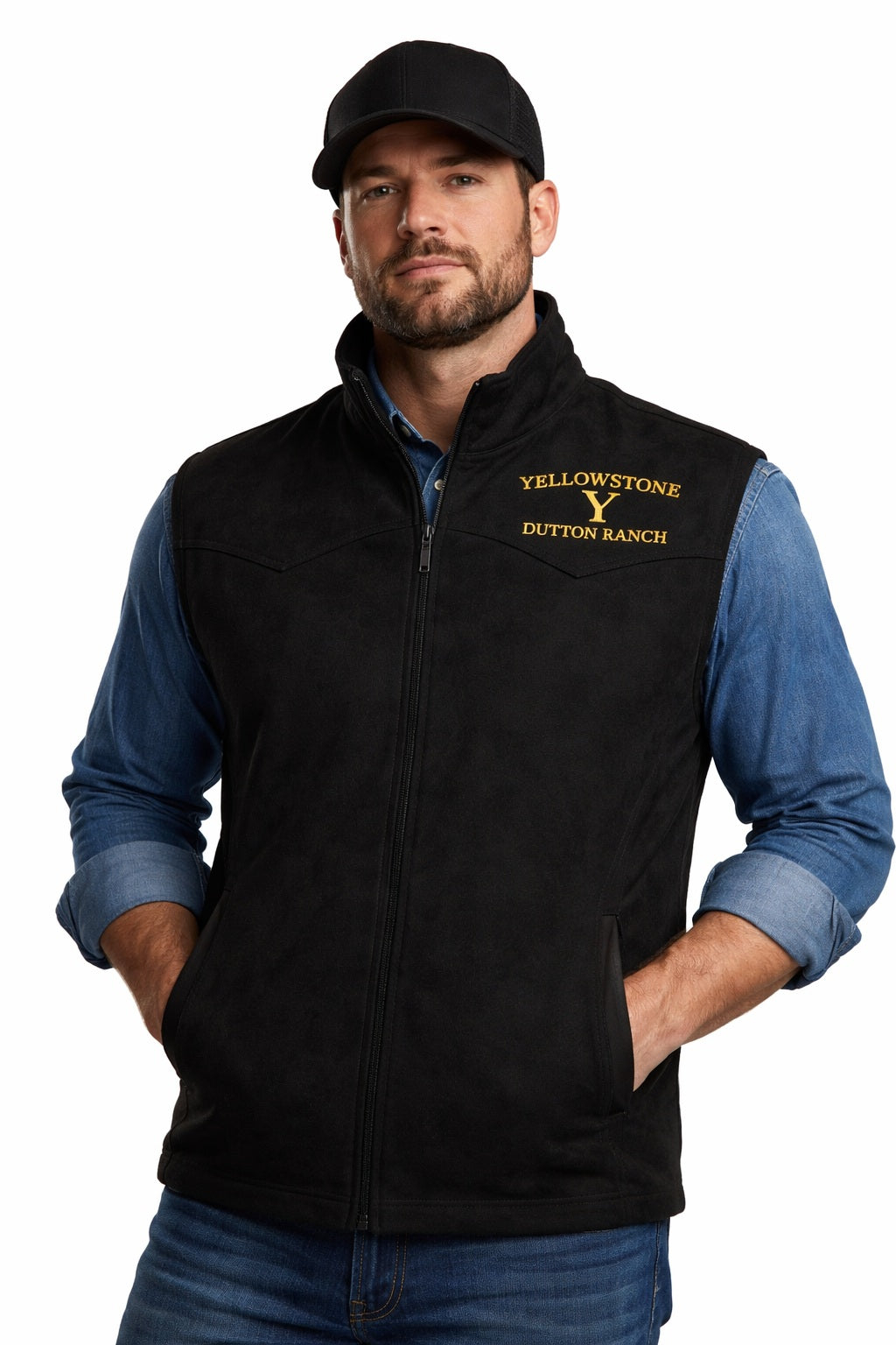 MDJ08 Yellowstone Men's Vest Wool Kevin Costner John Dutton Black Denim Jacket