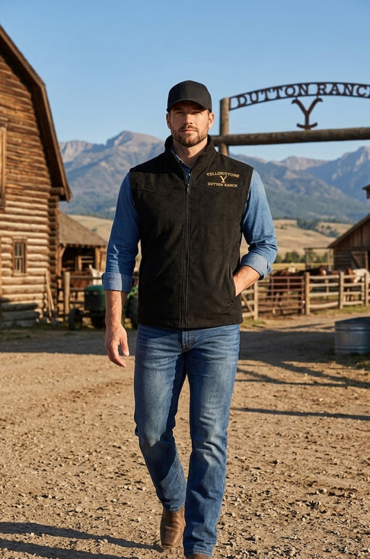 MDJ08 Yellowstone Men's Vest Wool Kevin Costner John Dutton Black Denim Jacket