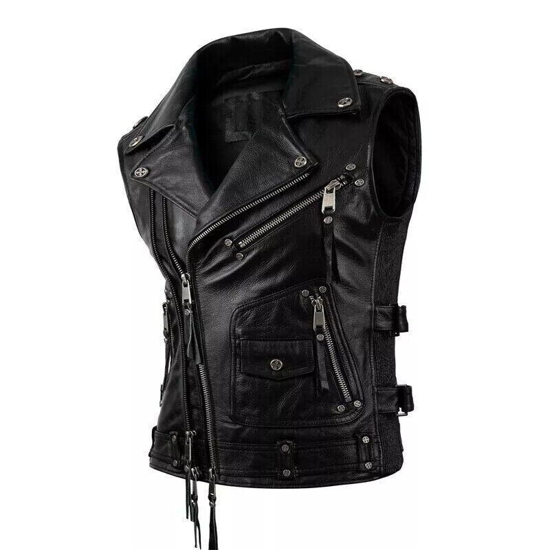 MDV04 Black Men Vest Gilet Strong Motorcycle Genuine Cow Hide Leather Jacket Retro Biker Aviator Riding Style Vest