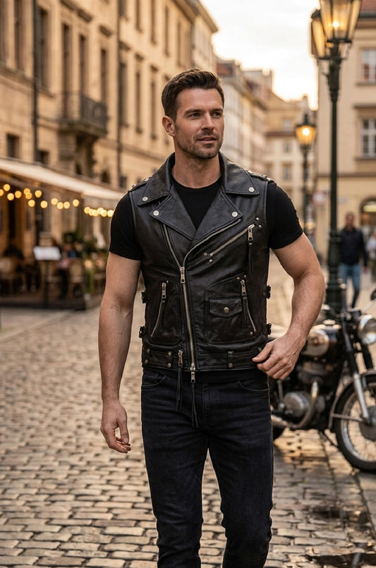 MDV04 Black Men Vest Gilet Strong Motorcycle Genuine Cow Hide Leather Jacket Retro Biker Aviator Riding Style Vest
