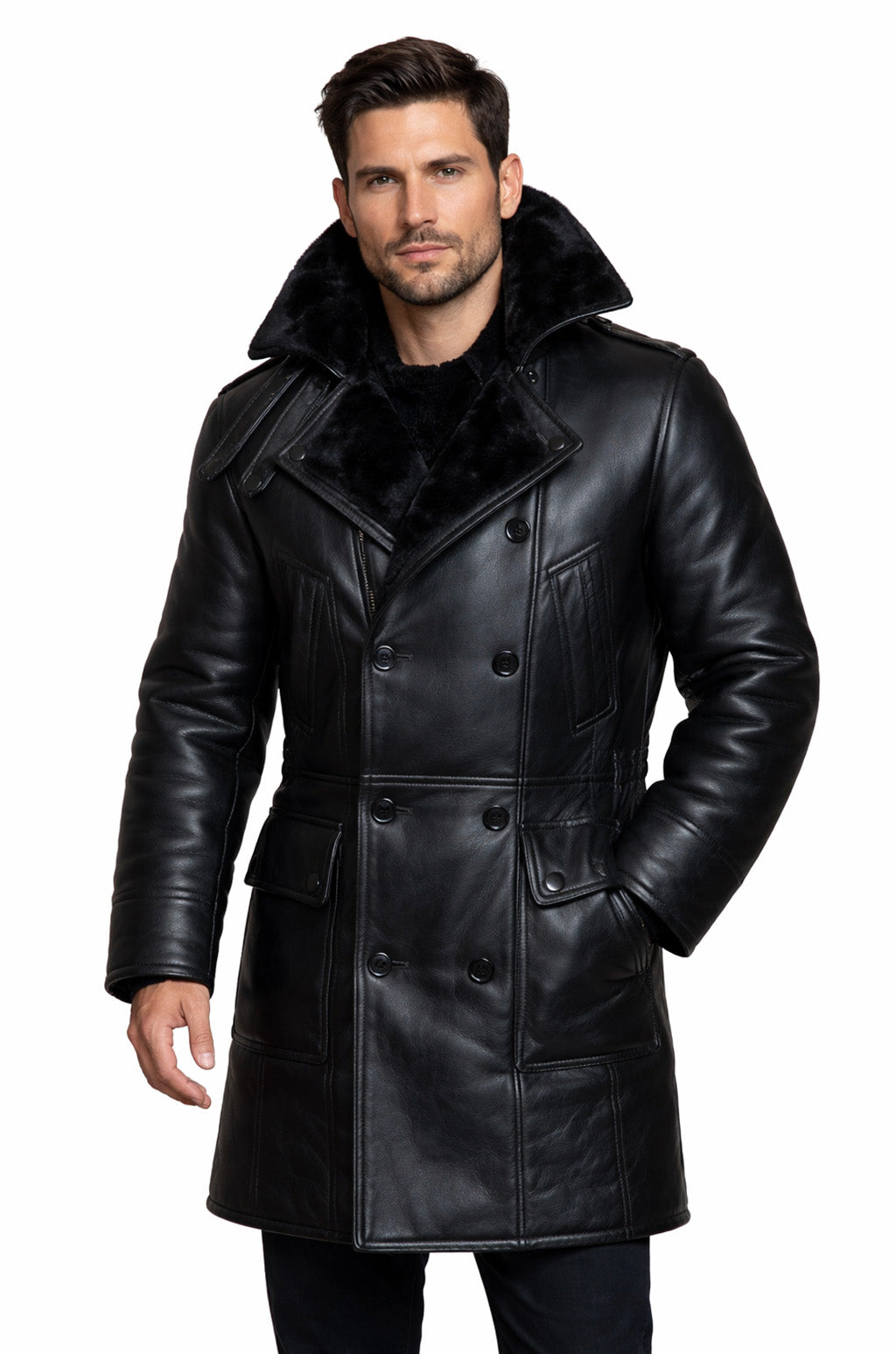 MFC01 Black Fur Shearling Winter Jacket Warm RAF B3 WWII Genuine Leather Coat For Men