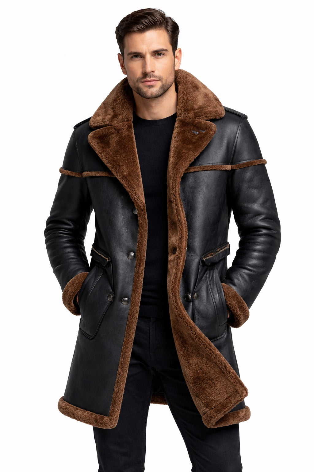 MFC05 Men Army Style Real Sheep Leather Shearling Fur Extreme Weather Coat Classic Brown Coat