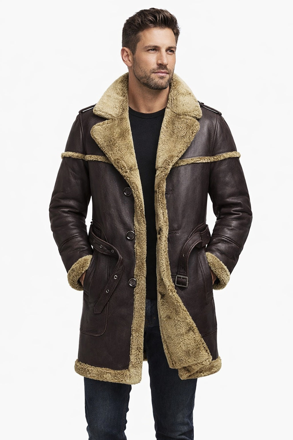 MFC05 Men Army Style Real Sheep Leather Shearling Fur Extreme Weather Coat Classic Brown Coat