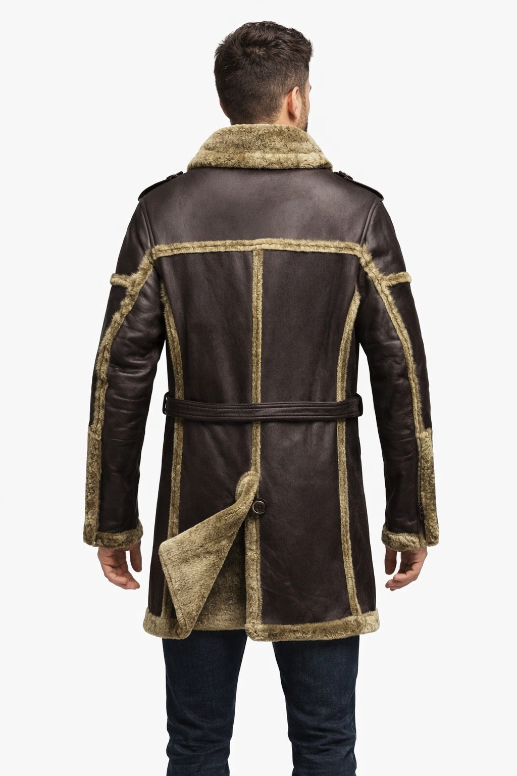 MFC05 Men Army Style Real Sheep Leather Shearling Fur Extreme Weather Coat Classic Brown Coat