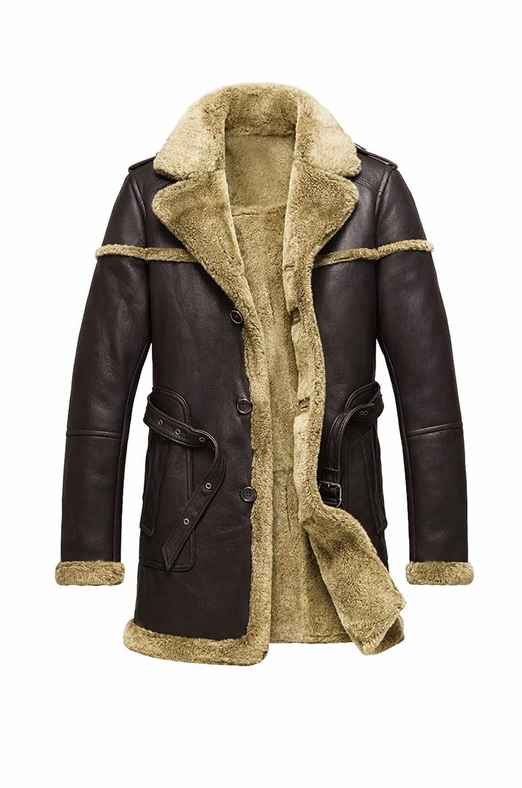 MFC05 Men Army Style Real Sheep Leather Shearling Fur Extreme Weather Coat Classic Brown Coat