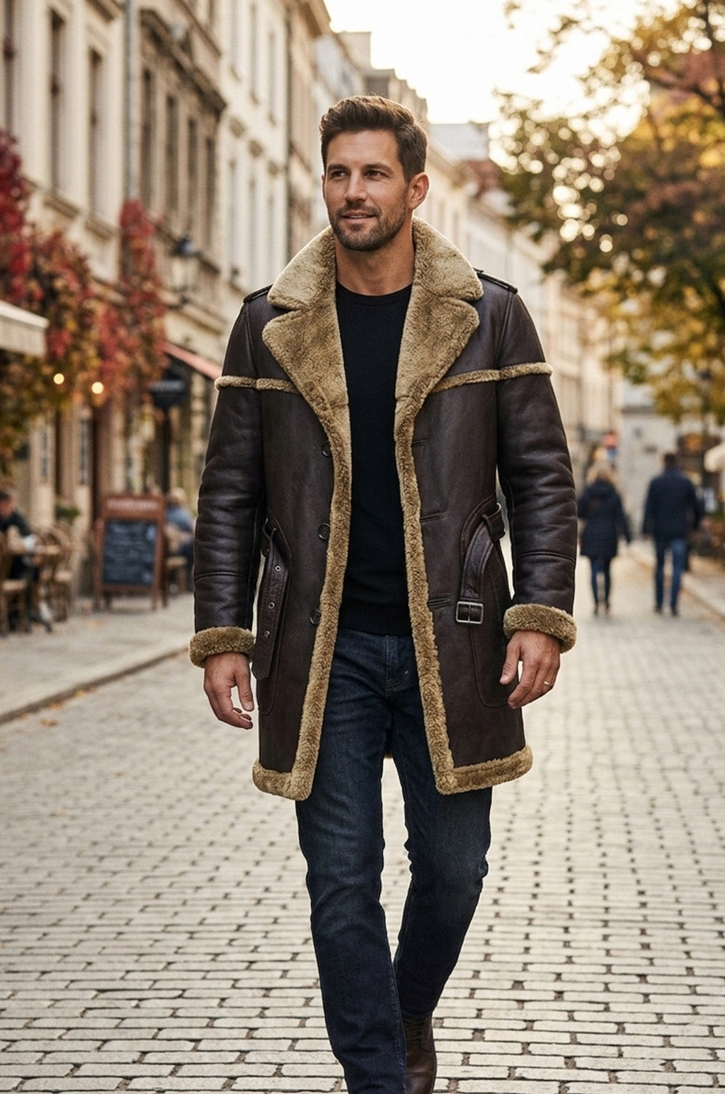 MFC05 Men Army Style Real Sheep Leather Shearling Fur Extreme Weather Coat Classic Brown Coat