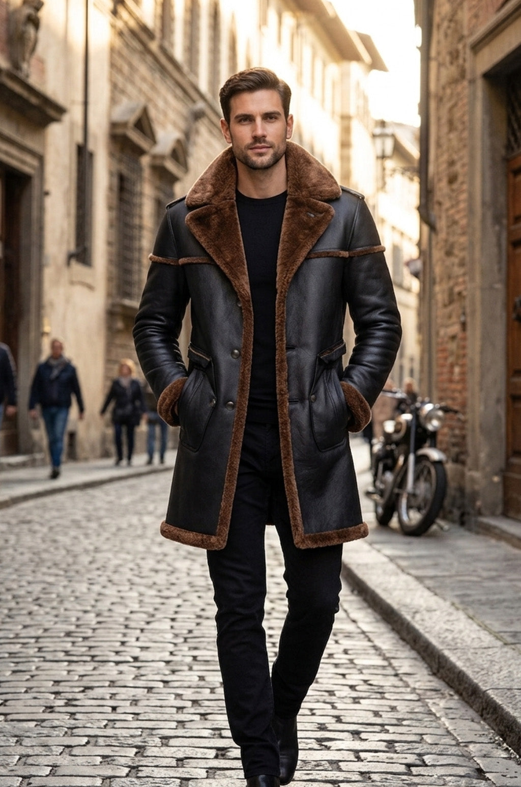 MFC05 Men Army Style Real Sheep Leather Shearling Fur Extreme Weather Coat Classic Brown Coat