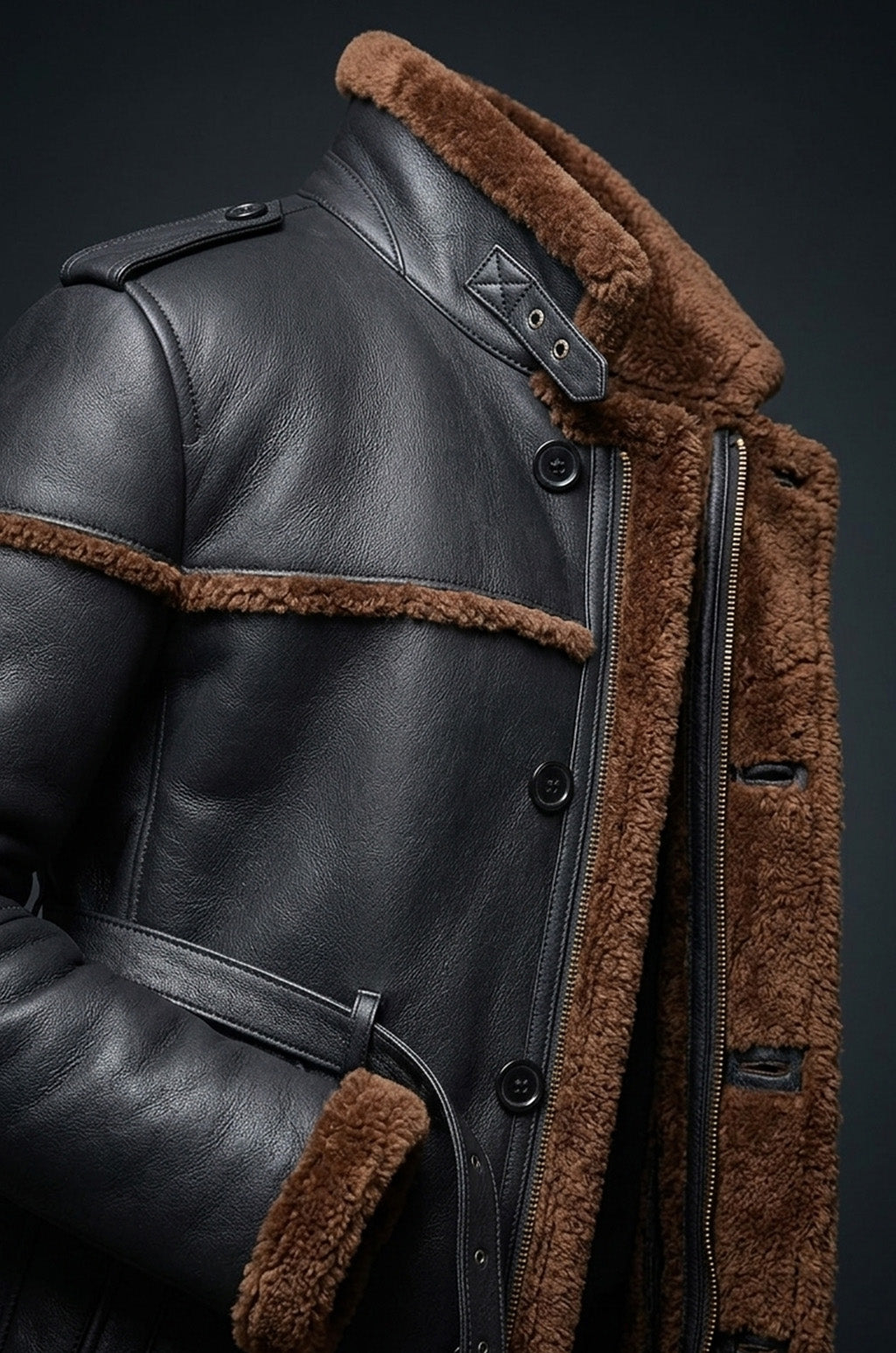 MFC05 Men Army Style Real Sheep Leather Shearling Fur Extreme Weather Coat Classic Brown Coat