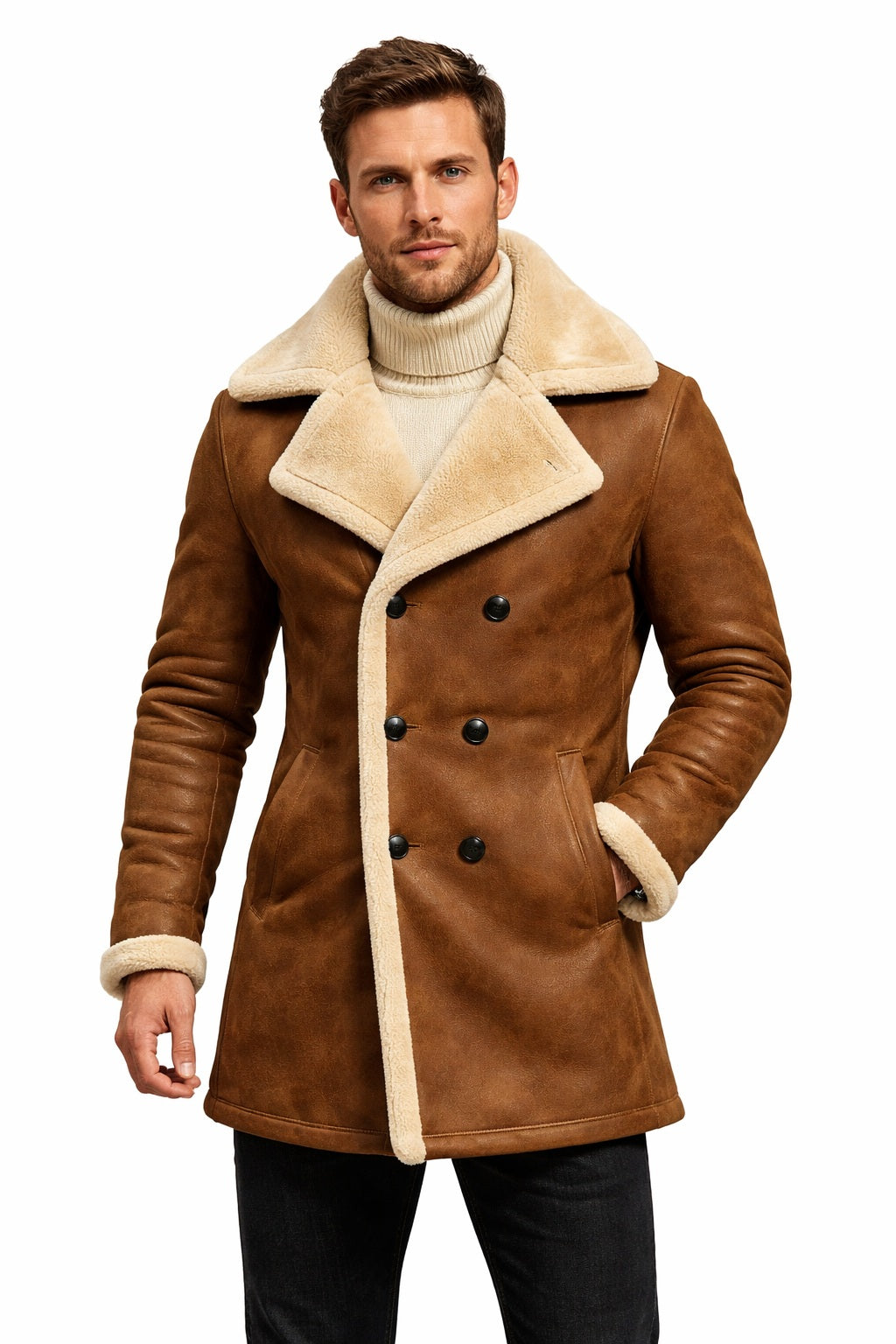 MFC06 Men Aviator Real Sheep Leather Shearling Fur Jacket Army Style Coat Brown