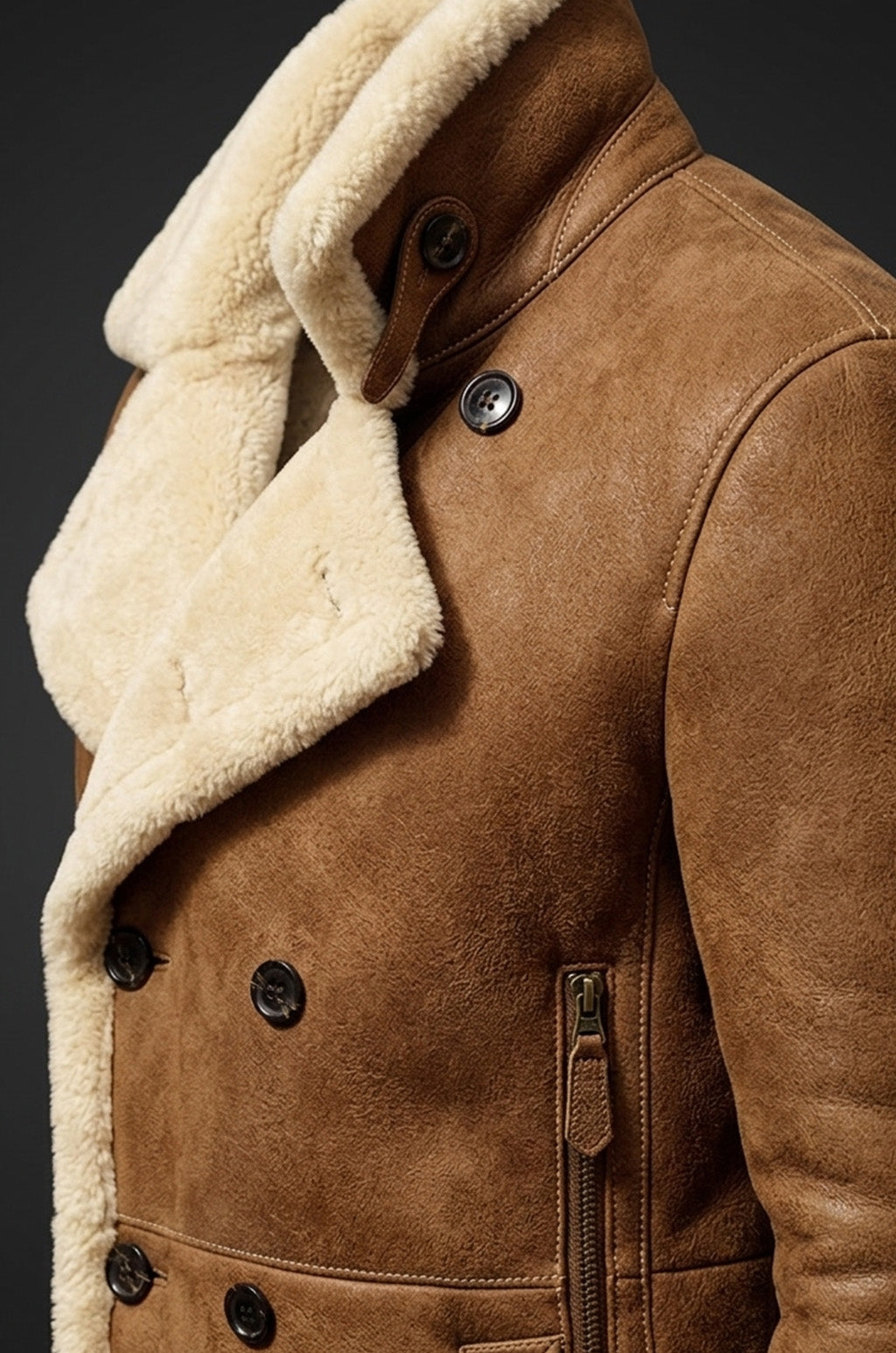 MFC06 Men Aviator Real Sheep Leather Shearling Fur Jacket Army Style Coat Brown