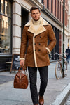 MFC06 Men Aviator Real Sheep Leather Shearling Fur Jacket Army Style Coat Brown
