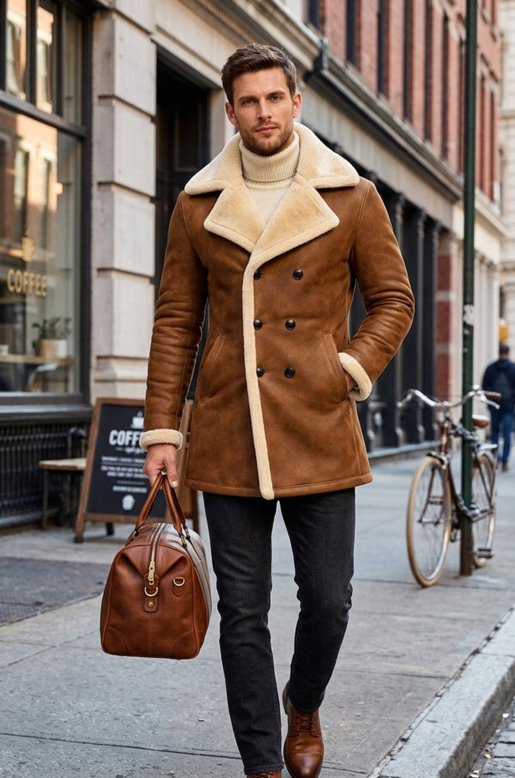 MFC06 Men Aviator Real Sheep Leather Shearling Fur Jacket Army Style Coat Brown