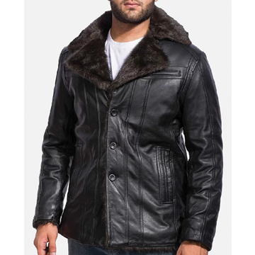MFC07 Men Aviator Fox Fur Collar Real Leather Coat Black