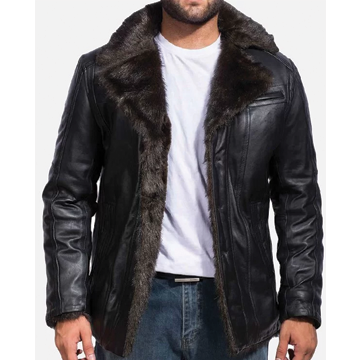 MFC07 Men Aviator Fox Fur Collar Real Leather Coat Black