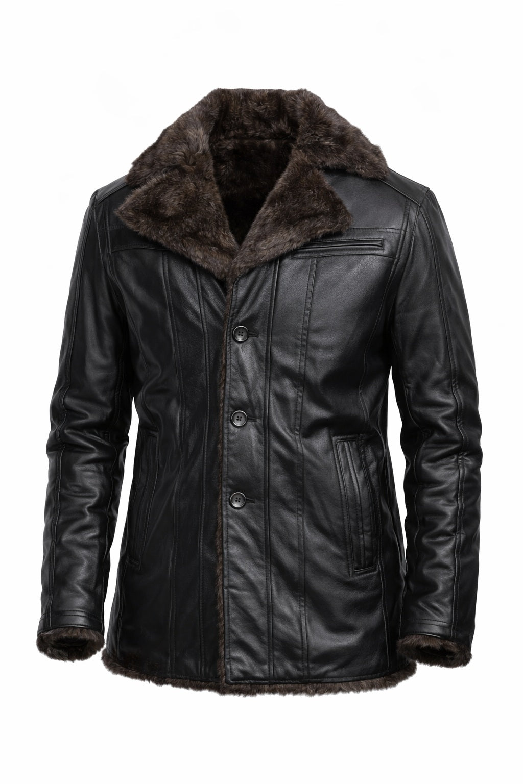 MFC07 Men Aviator Fox Fur Collar Real Leather Coat Black