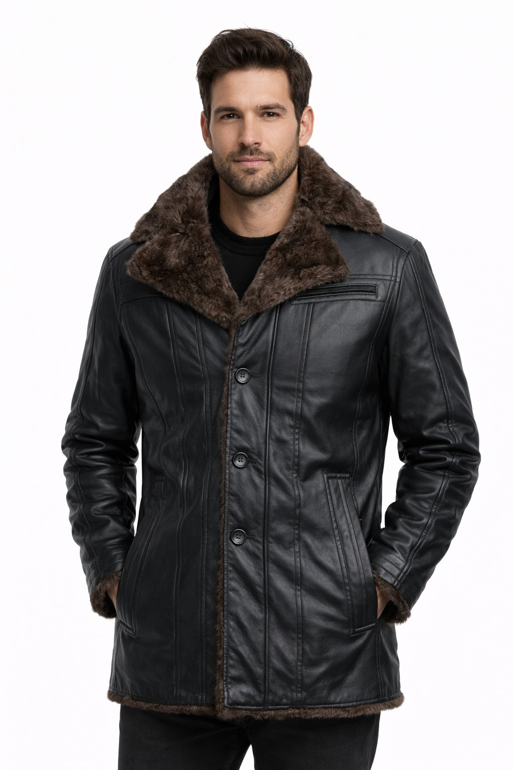 MFC07 Men Aviator Fox Fur Collar Real Leather Coat Black
