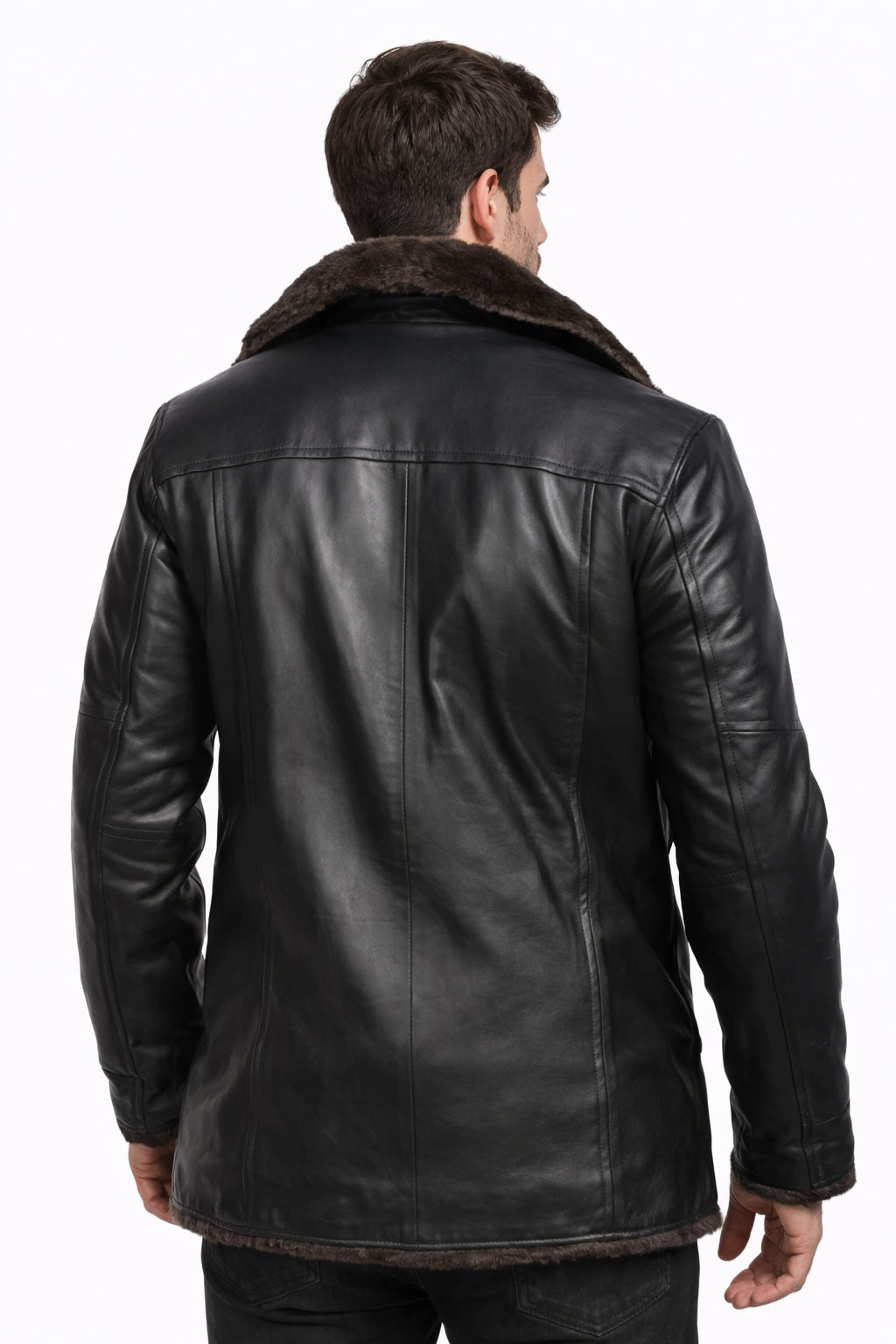 MFC07 Men Aviator Fox Fur Collar Real Leather Coat Black