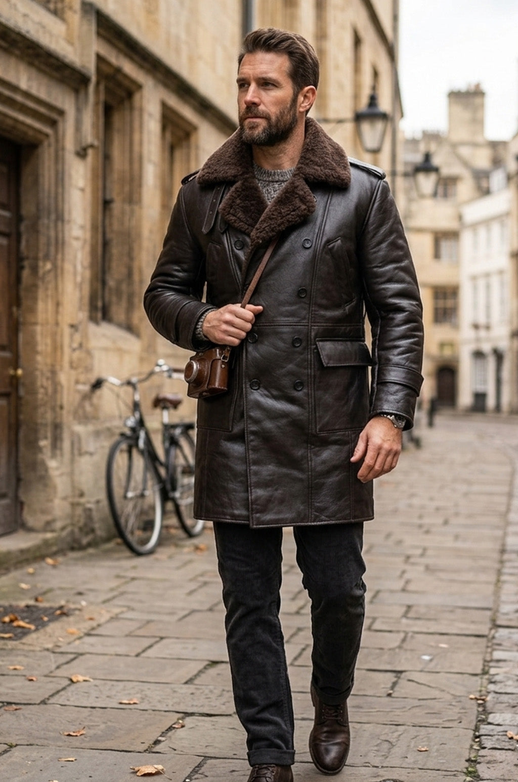 MFC07 Men Aviator Fox Fur Collar Real Leather Coat Black