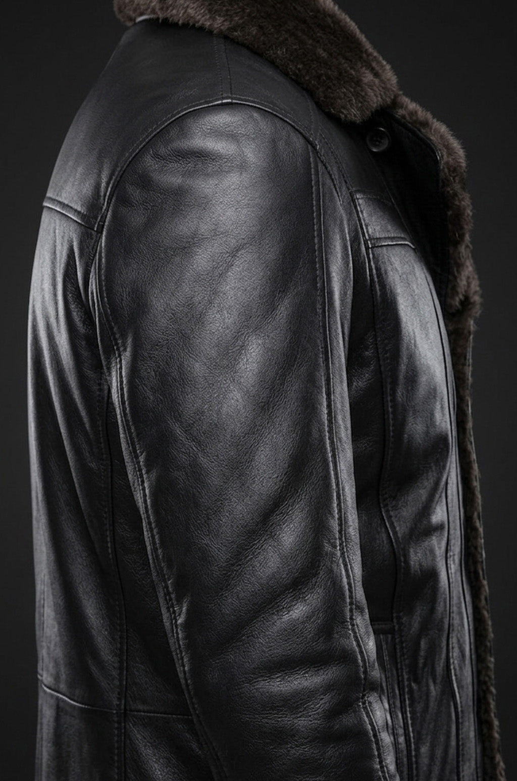 MFC07 Men Aviator Fox Fur Collar Real Leather Coat Black