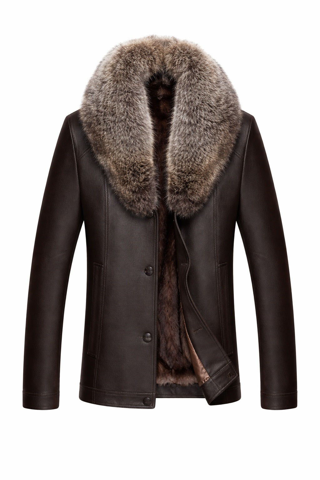 MFCO8 Men New Aviator Real Leather Removable Fox Fur Collar Coat Black Jacket