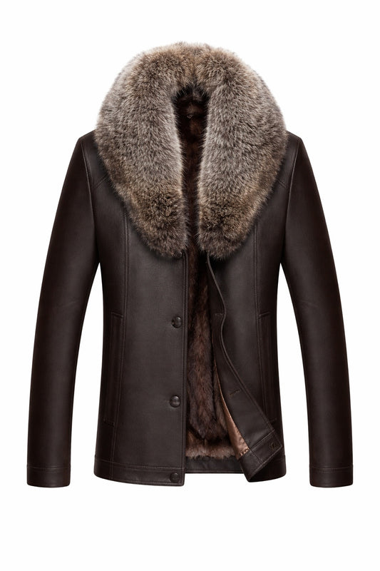 MFCO8 Men New Aviator Real Leather Removable Fox Fur Collar Coat Black Jacket