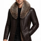 MFCO8 Men New Aviator Real Leather Removable Fox Fur Collar Coat Black Jacket