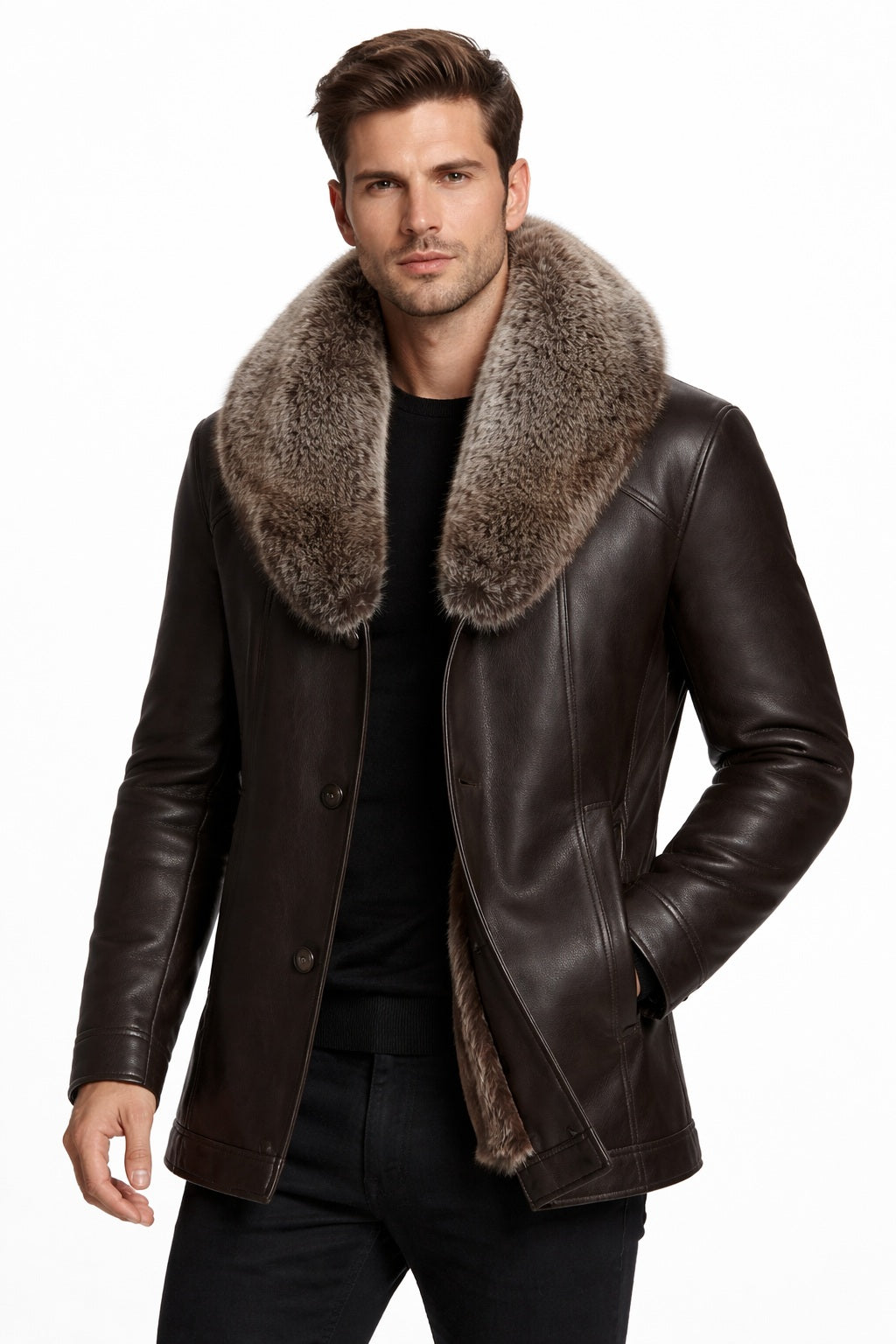 MFCO8 Men New Aviator Real Leather Removable Fox Fur Collar Coat Black Jacket