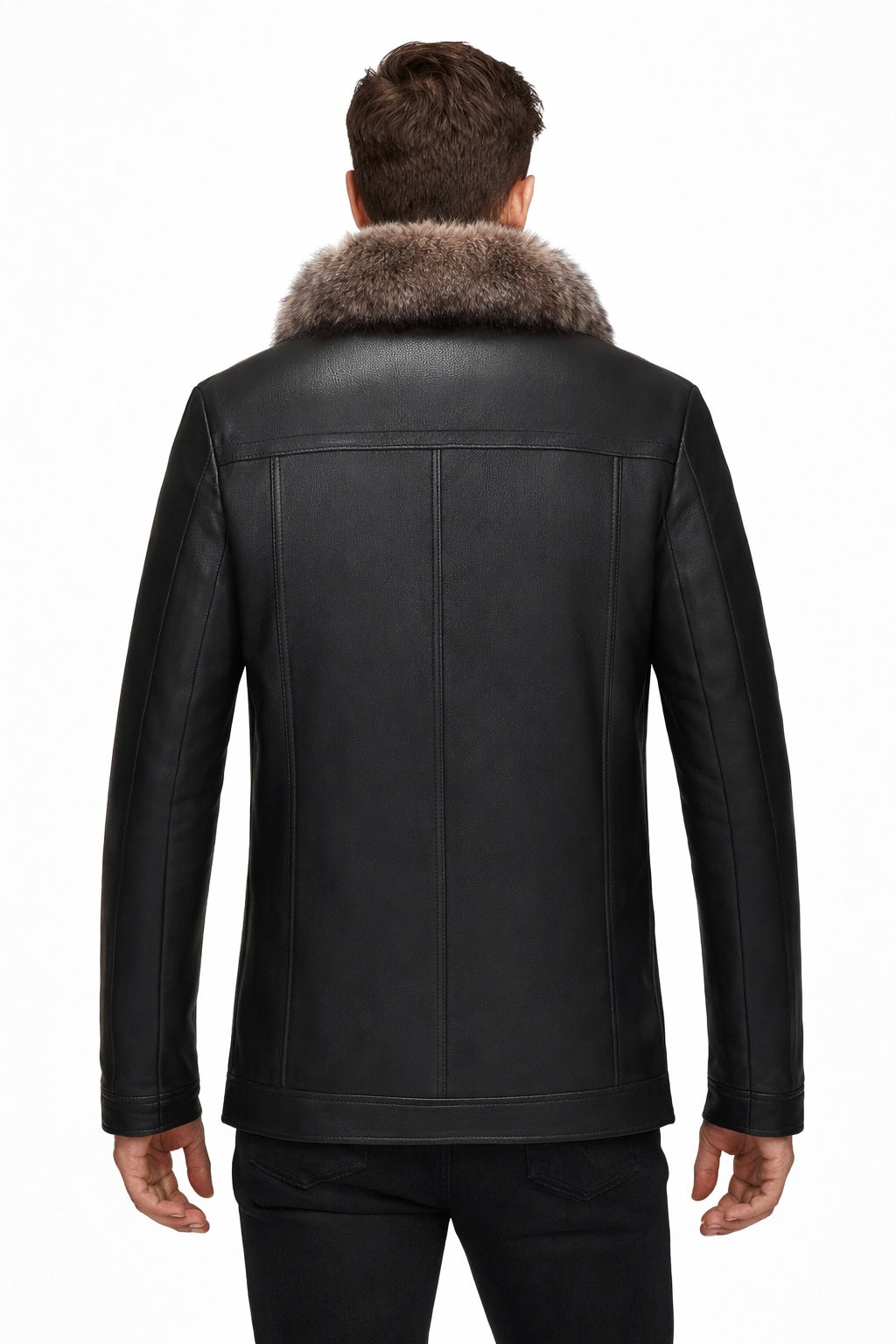 MFCO8 Men New Aviator Real Leather Removable Fox Fur Collar Coat Black Jacket