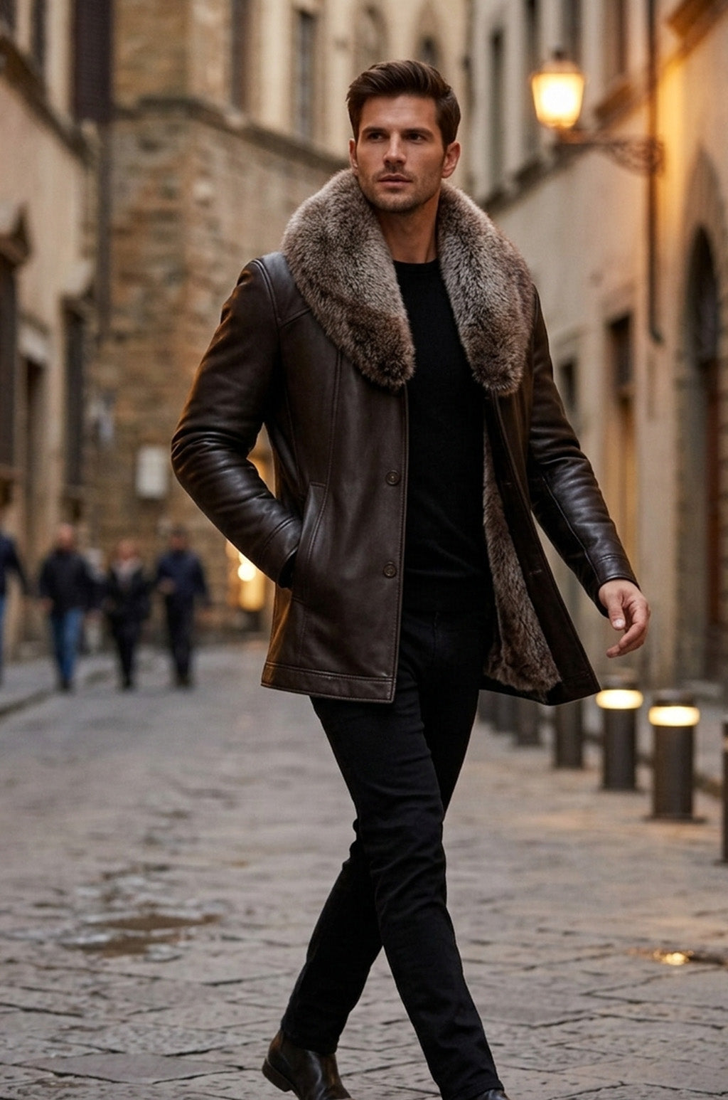 MFCO8 Men New Aviator Real Leather Removable Fox Fur Collar Coat Black Jacket