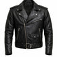 Black leather jacket with zippers and buttons on a white background