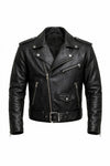 Black leather jacket with zippers and buttons on a white background