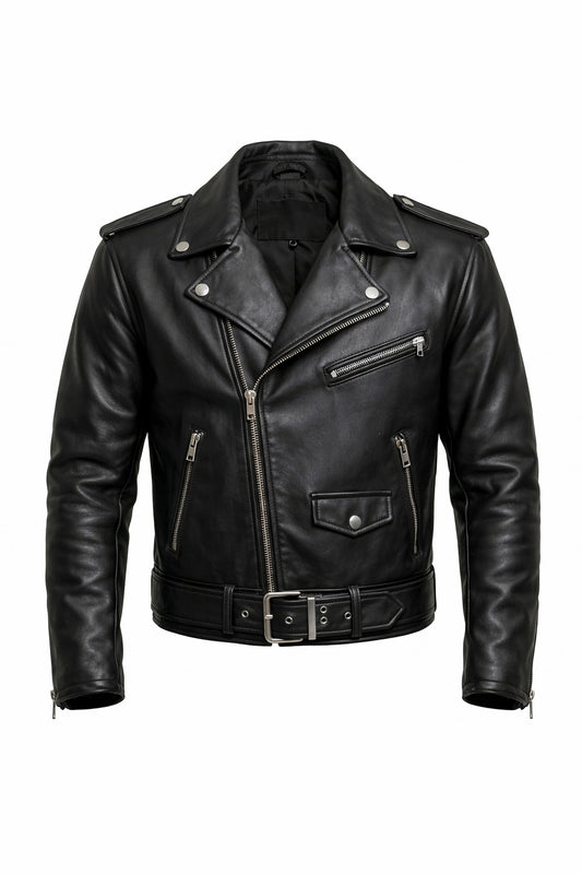 Black leather jacket with zippers and buttons on a white background