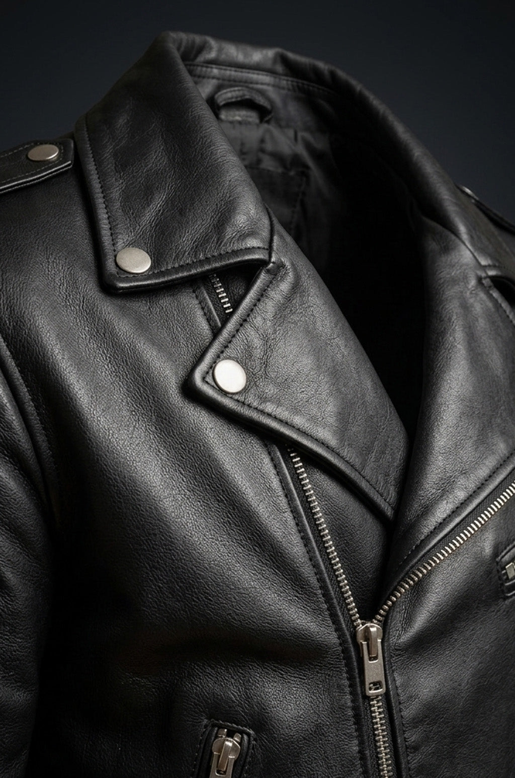 Close-up of a black leather jacket with zippers on a dark background