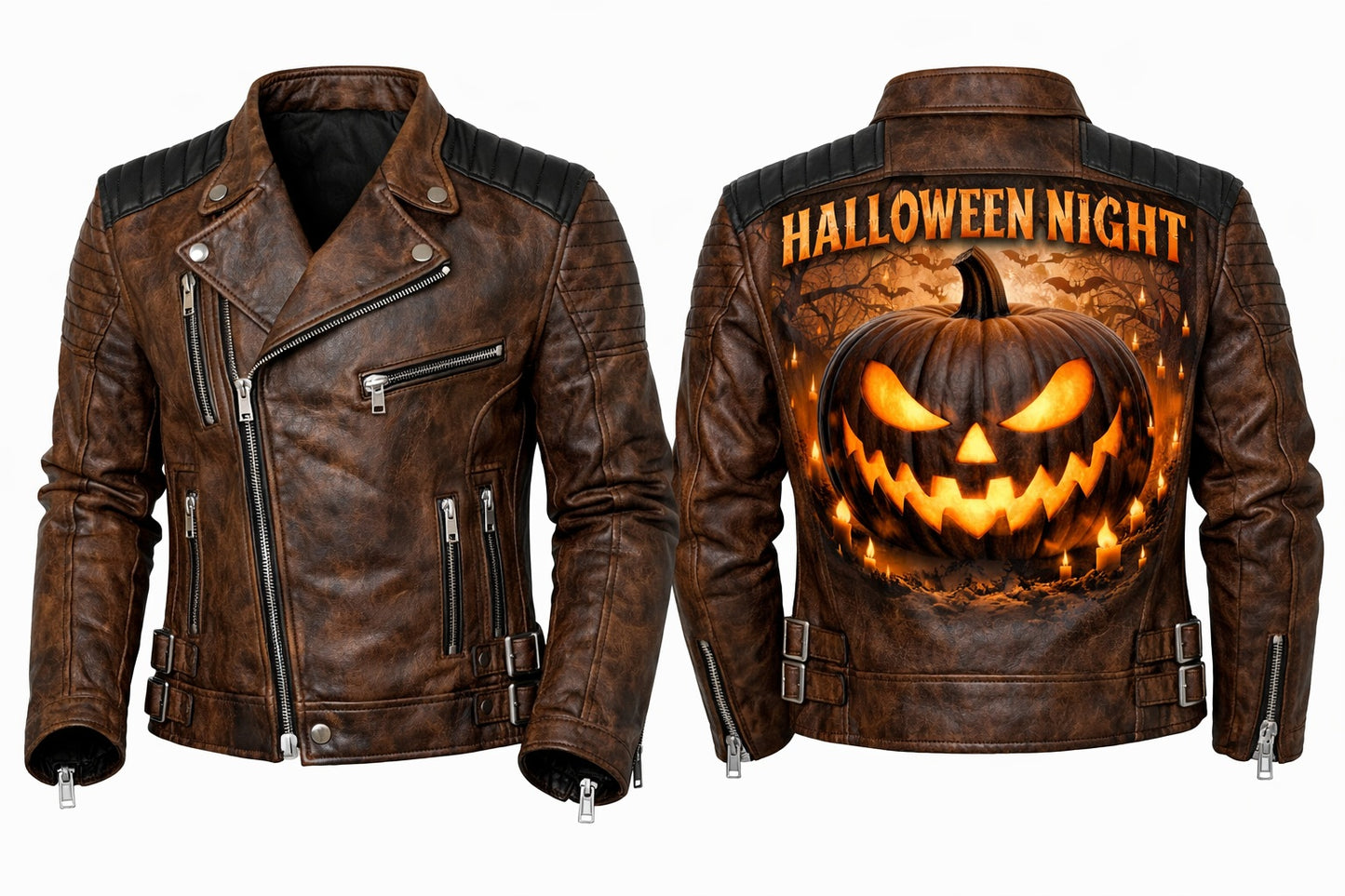MP001 Halloween Night Premium Leather Jacket - Glowing Pumpkin Design Biker Jacket