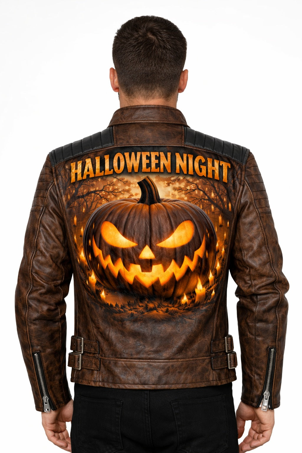 MP001 Halloween Night Premium Leather Jacket - Glowing Pumpkin Design Biker Jacket