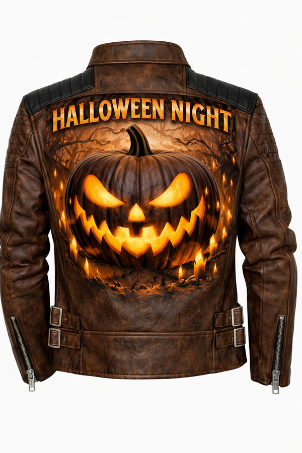 MP001 Halloween Night Premium Leather Jacket - Glowing Pumpkin Design Biker Jacket