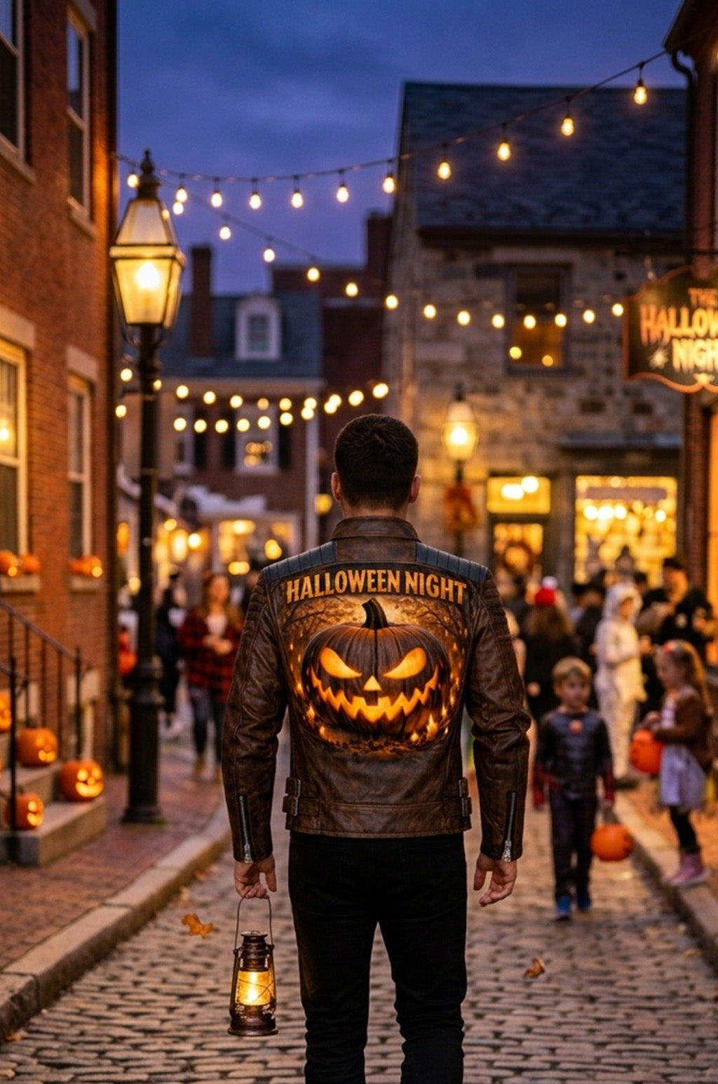 MP001 Halloween Night Premium Leather Jacket - Glowing Pumpkin Design Biker Jacket
