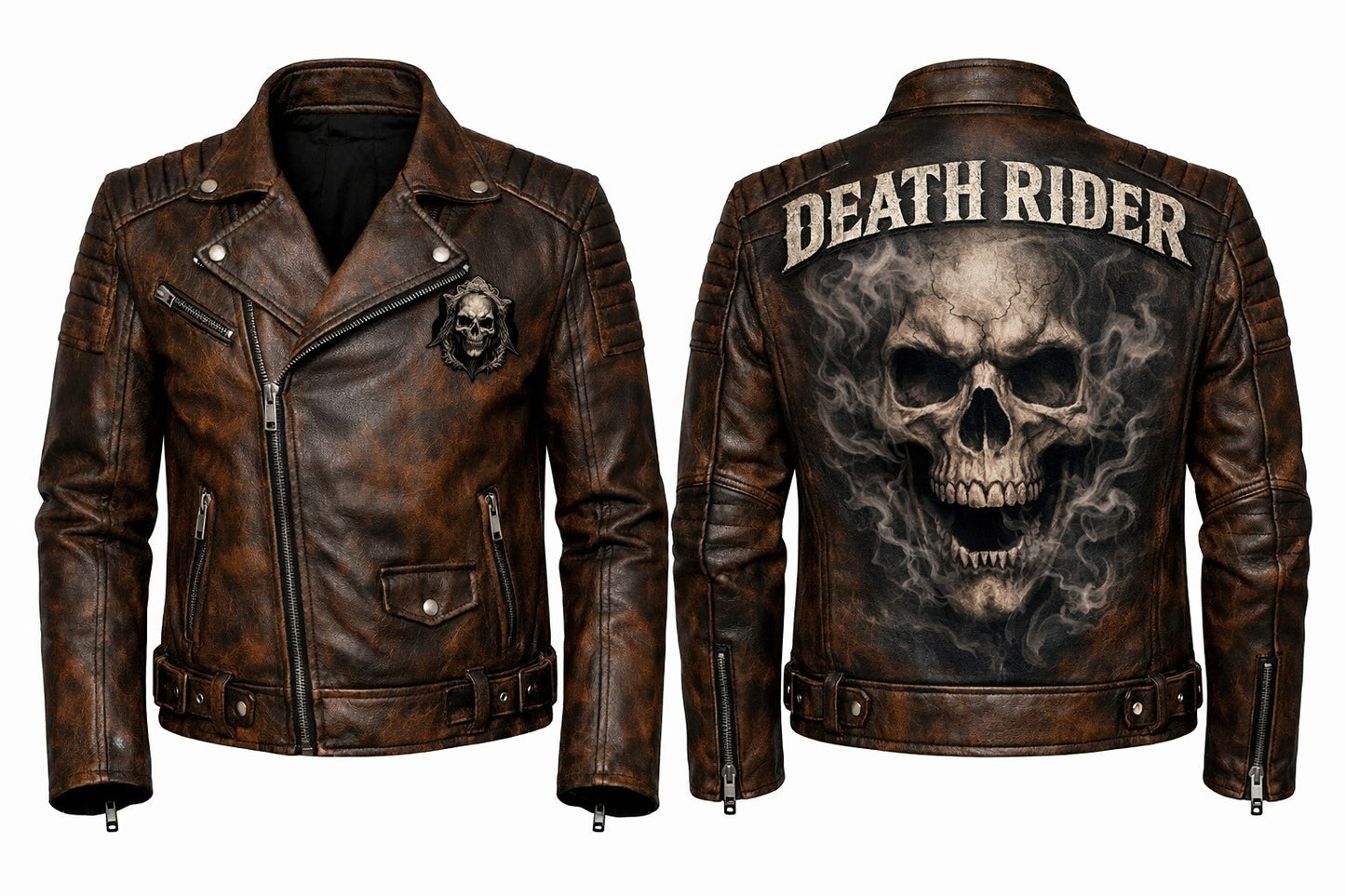 MP002 Death Rider Vintage Leather Jacket - Skull & Smoke Biker Design