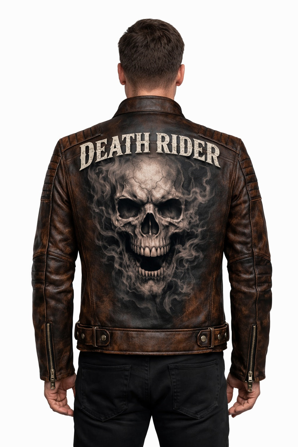 MP002 Death Rider Vintage Leather Jacket - Skull & Smoke Biker Design
