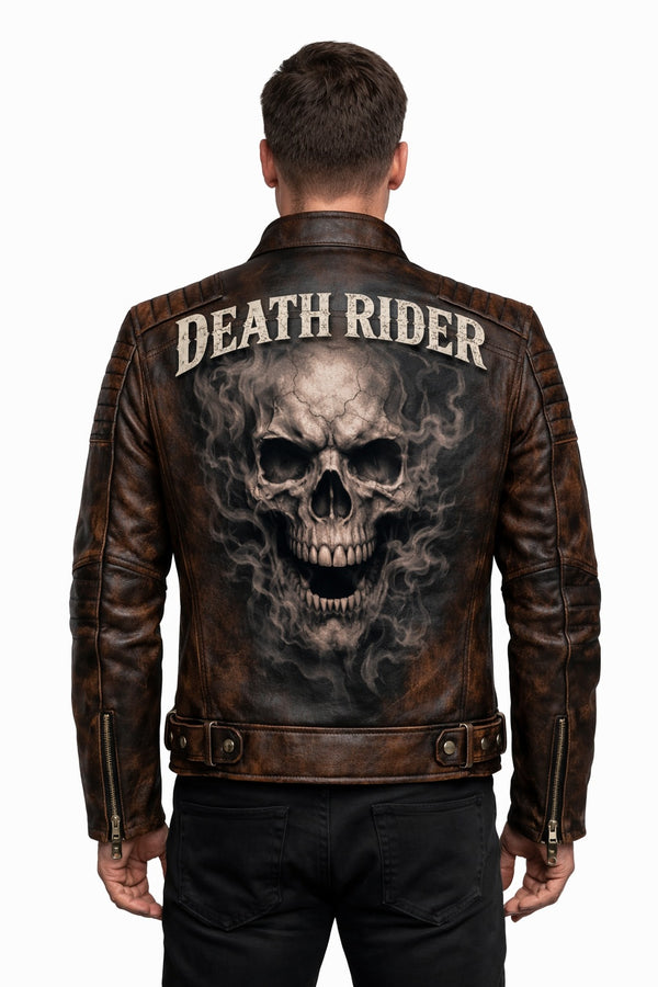 MP002 Death Rider Vintage Leather Jacket - Skull & Smoke Biker Design