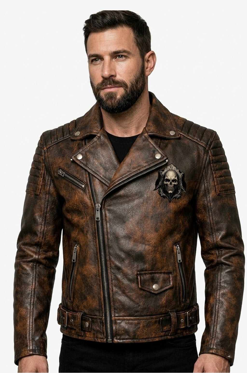 MP002 Death Rider Vintage Leather Jacket - Skull & Smoke Biker Design