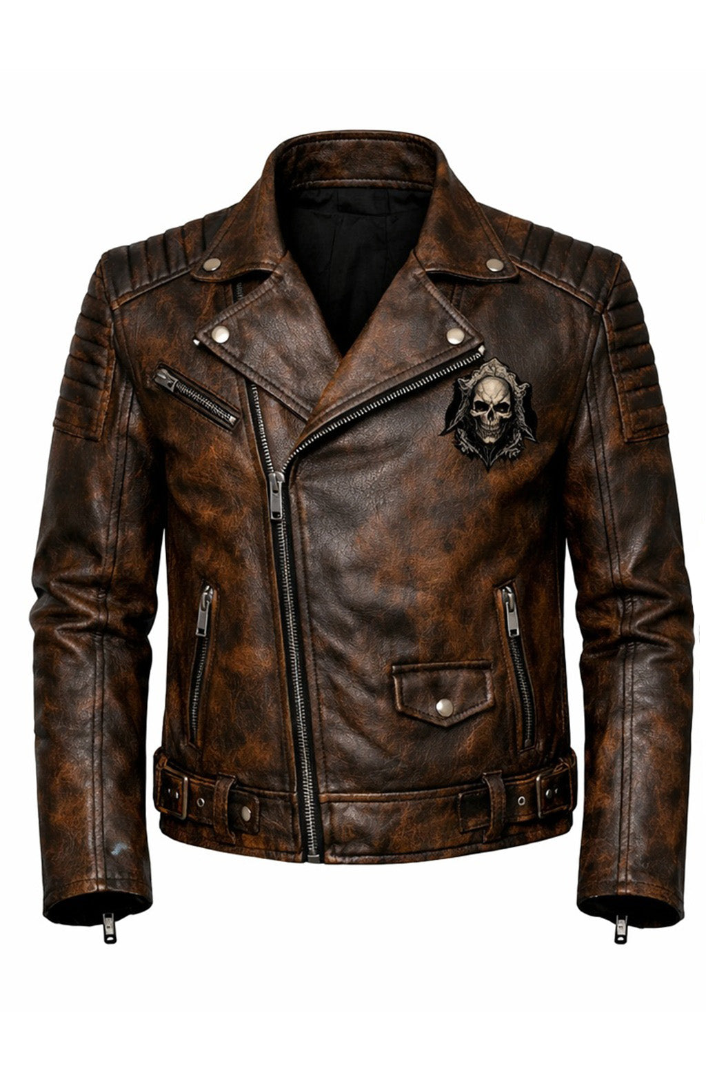 MP002 Death Rider Vintage Leather Jacket - Skull & Smoke Biker Design