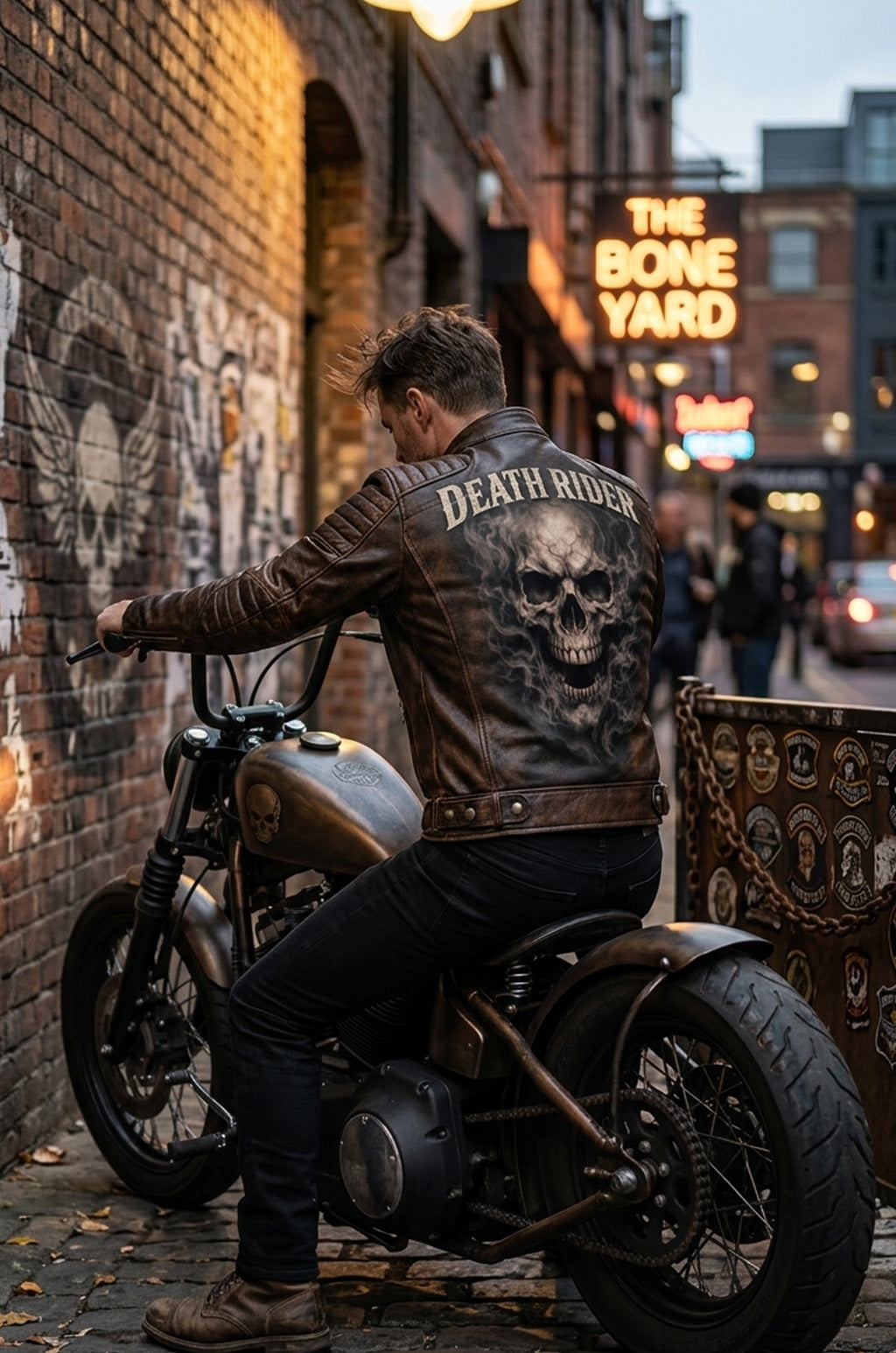 MP002 Death Rider Vintage Leather Jacket - Skull & Smoke Biker Design