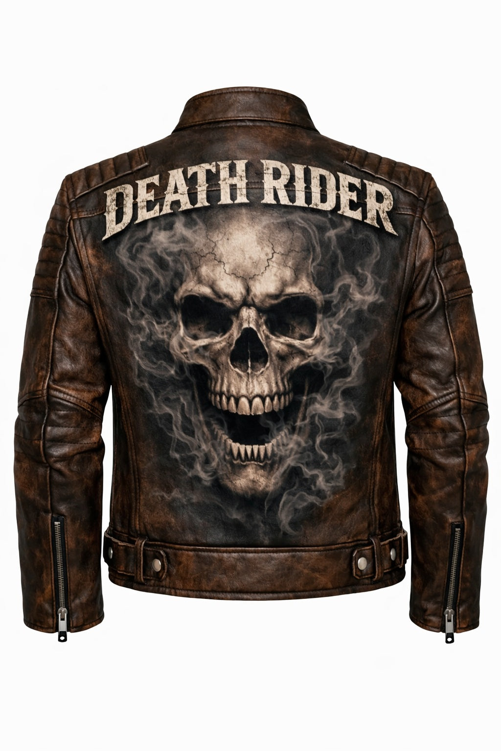 MP002 Death Rider Vintage Leather Jacket - Skull & Smoke Biker Design
