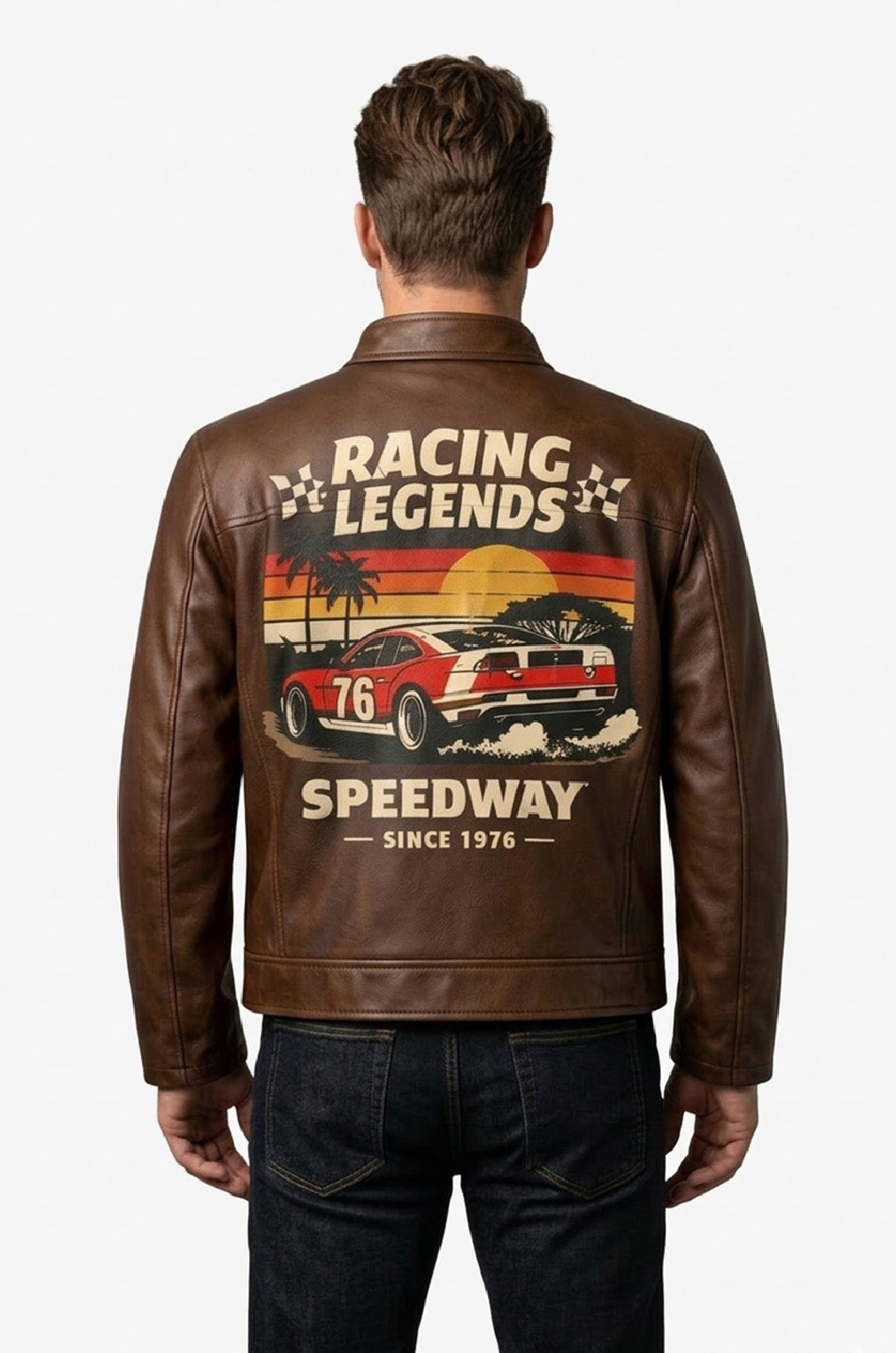 MP003 Racing Legends Speedway Vintage Leather Jacket - Retro Muscle Car Design