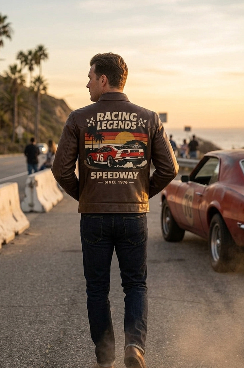 MP003 Racing Legends Speedway Vintage Leather Jacket - Retro Muscle Car Design