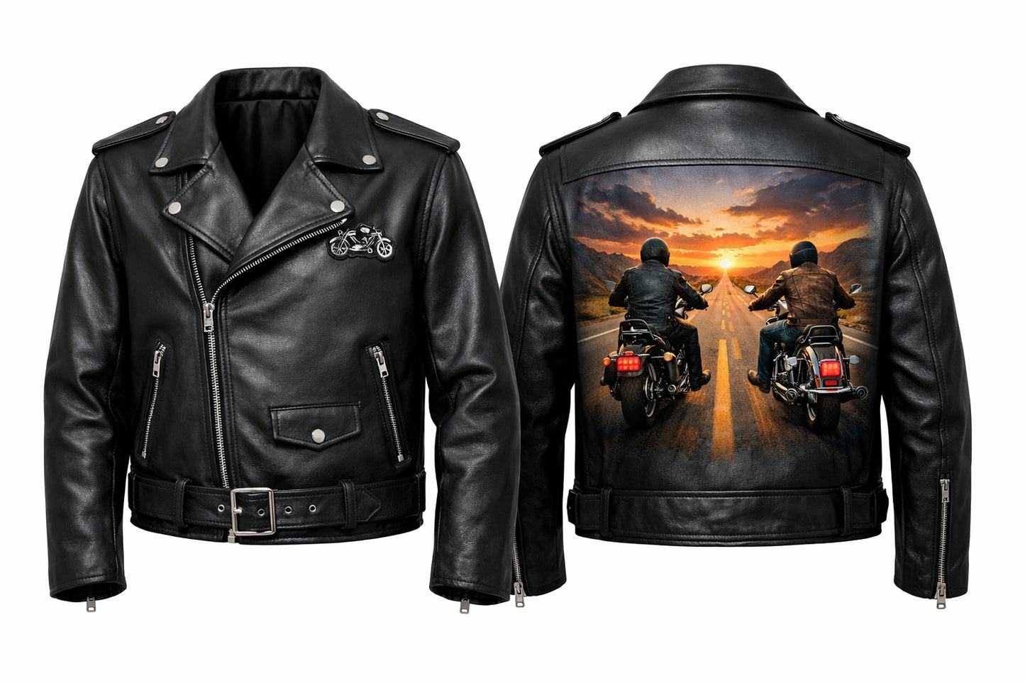 MP004 Sunset Riders Brotherhood Leather Jacket - Two Bikers Riding Into Sunset Design